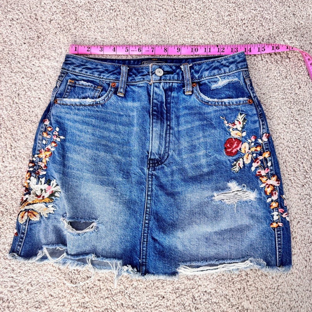 Abercrombie & Fitch Blue Denim Skirt with Floral Embroidery